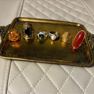 Size 10 Rings Lot: Vintage Gold Black Red Amber + Silver Pearl Pave Emerald